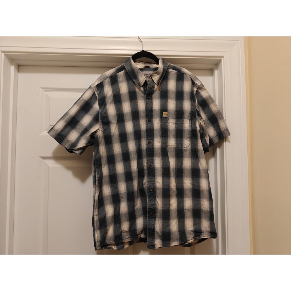 Carhartt‎ Mens Relaxed Fit Plaid Short Sleeve Button Down Shirt Navy 103550 L